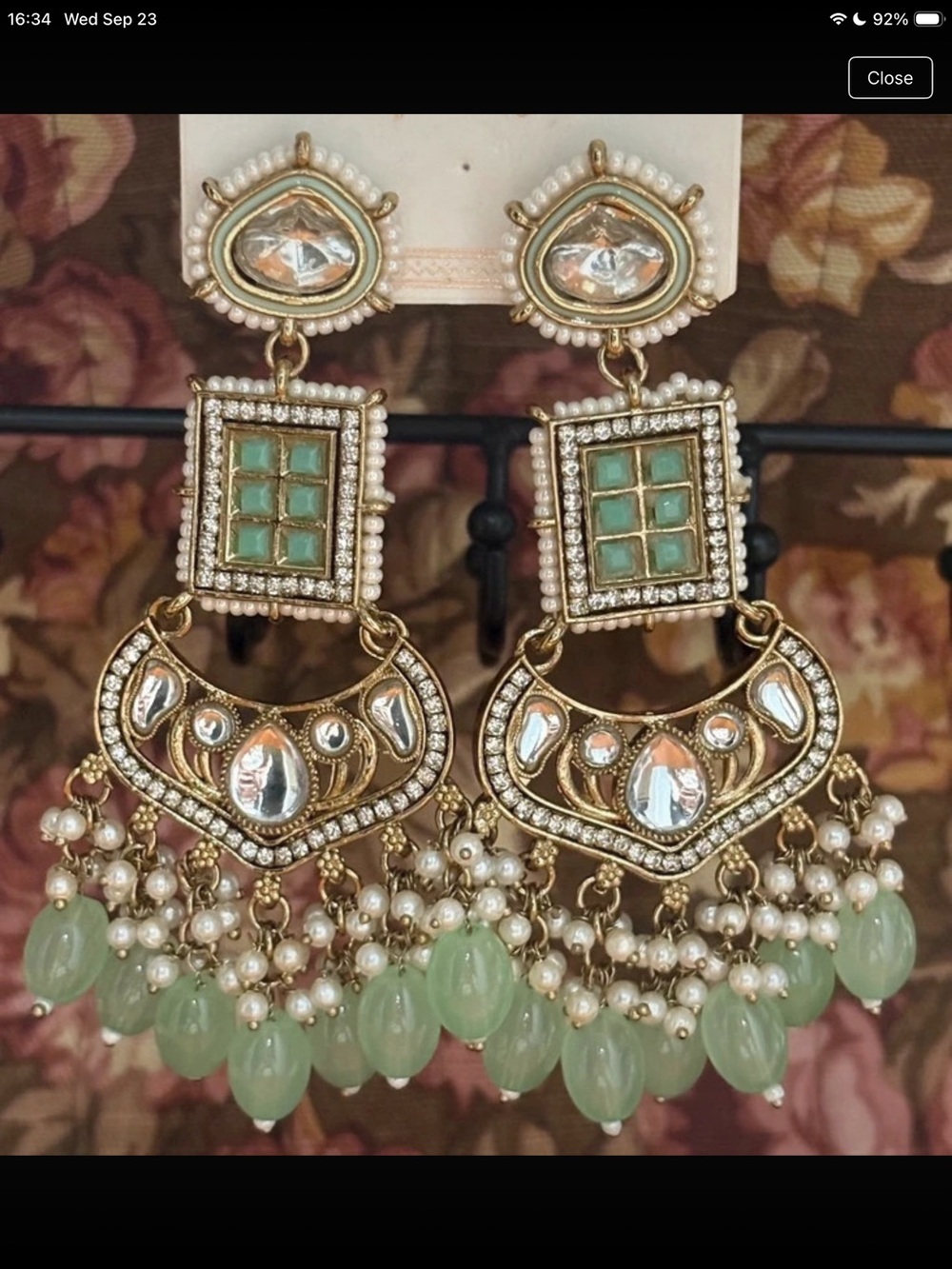 Handmade Gold-Tone Green Kundan Chandbali Earrings with Pearls